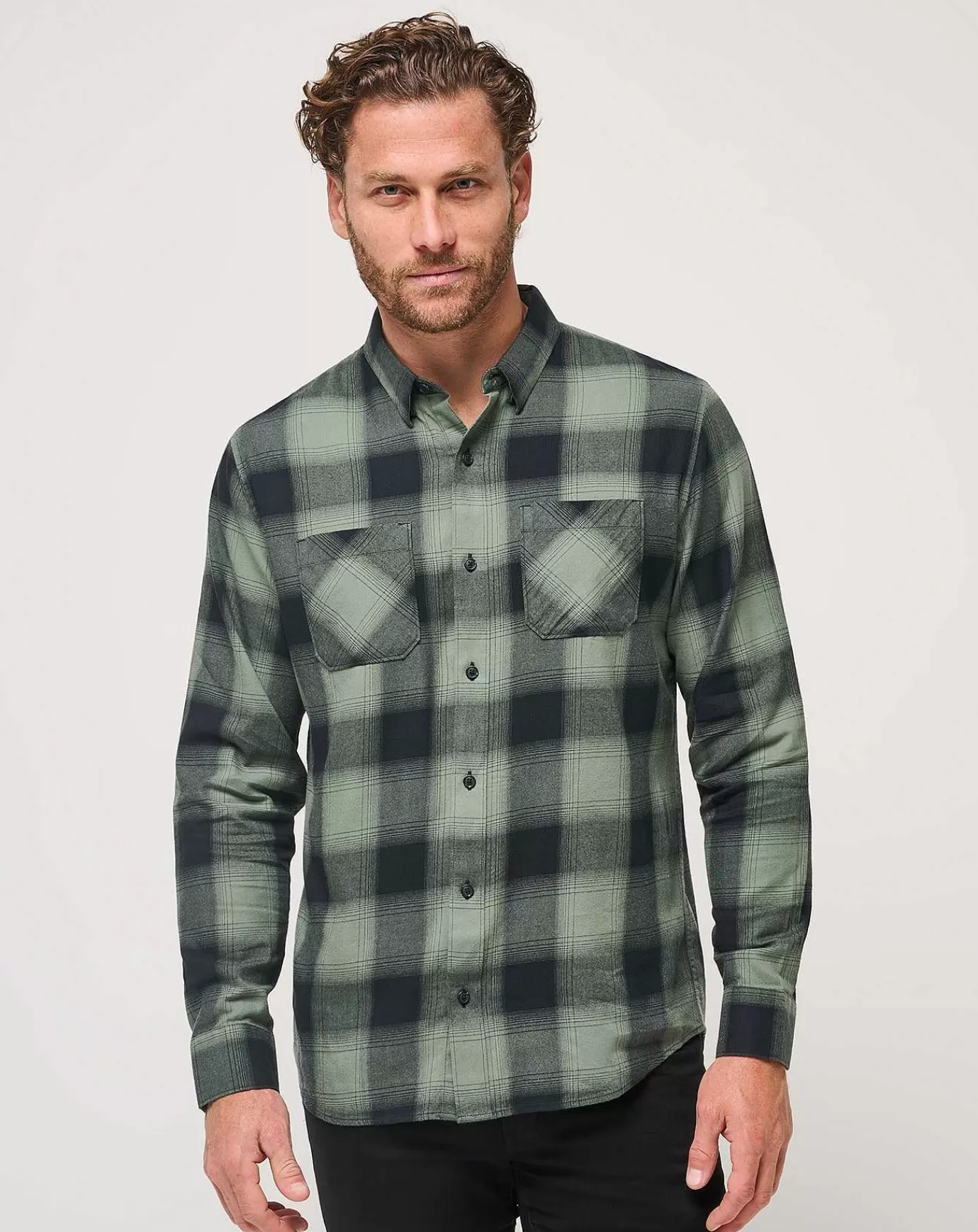 Shop Travis Mathew Cloud Flannel Plaid Button-Up Black/Laurel