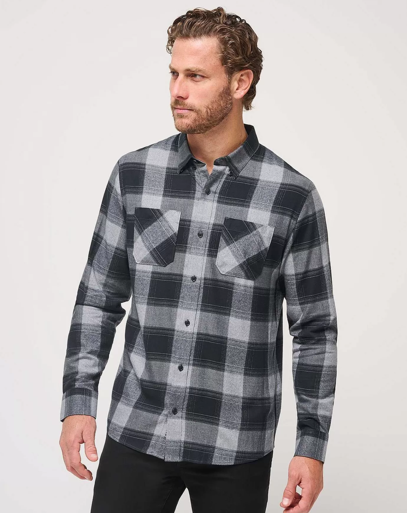 Outlet Travis Mathew Cloud Flannel Plaid Button-Up Ebony/Black