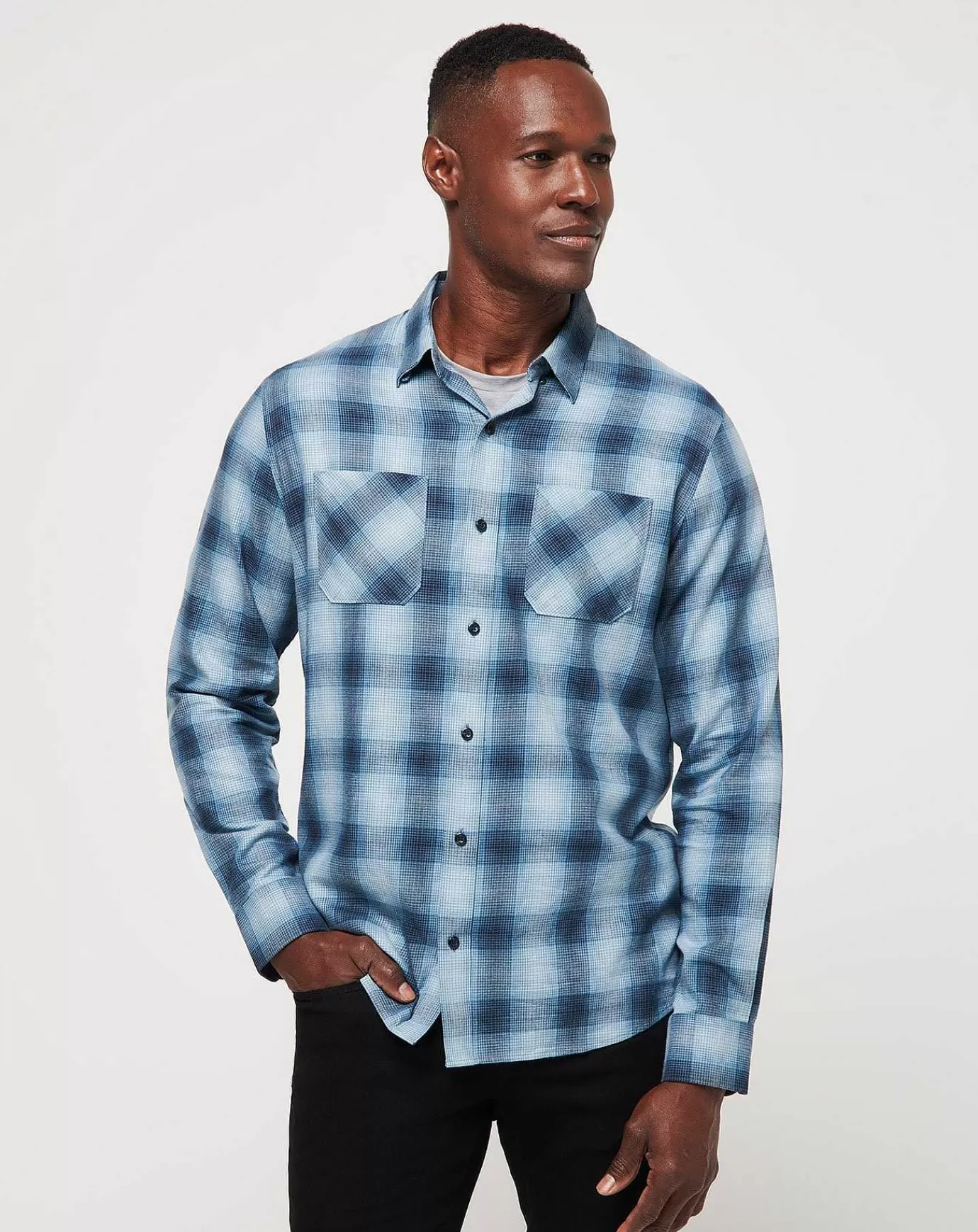 Best Travis Mathew Cloud Flannel Plaid Button-Up Total Eclipse/Ash Blue