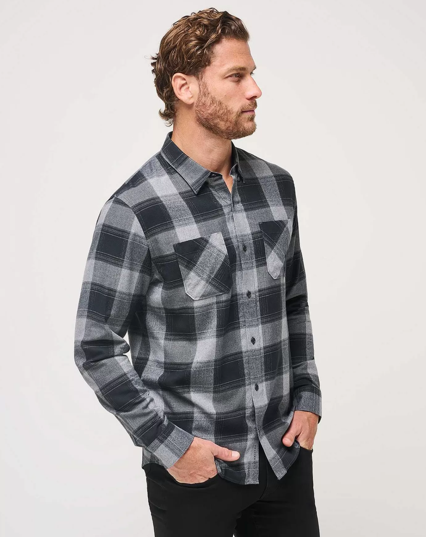 Outlet Travis Mathew Cloud Flannel Plaid Button-Up Ebony/Black