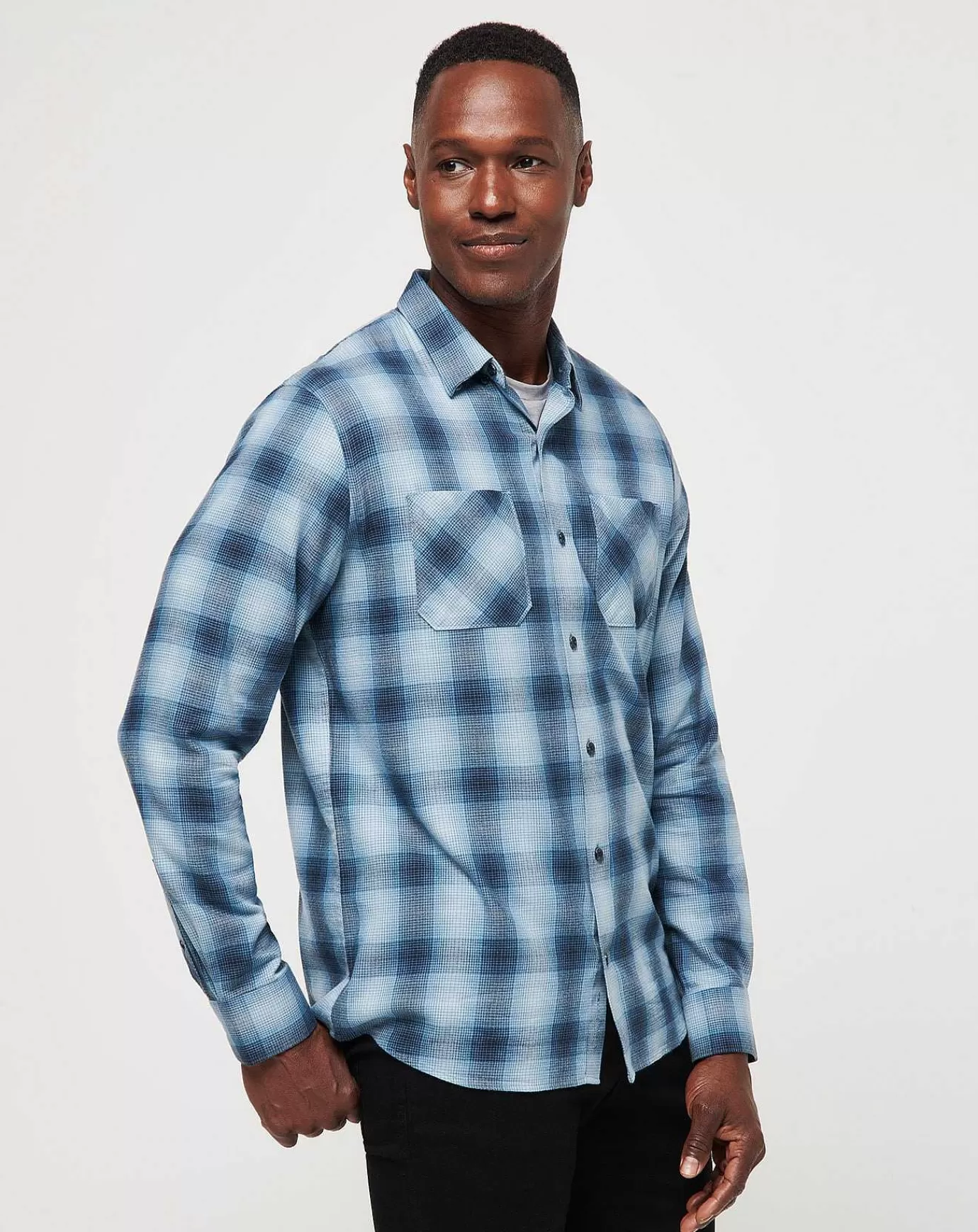 Best Travis Mathew Cloud Flannel Plaid Button-Up Total Eclipse/Ash Blue