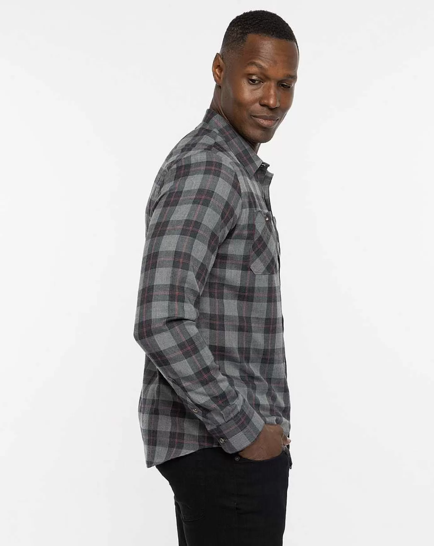 Discount Travis Mathew Cloud Flannel Plaid Button-Up Heather Black/Red