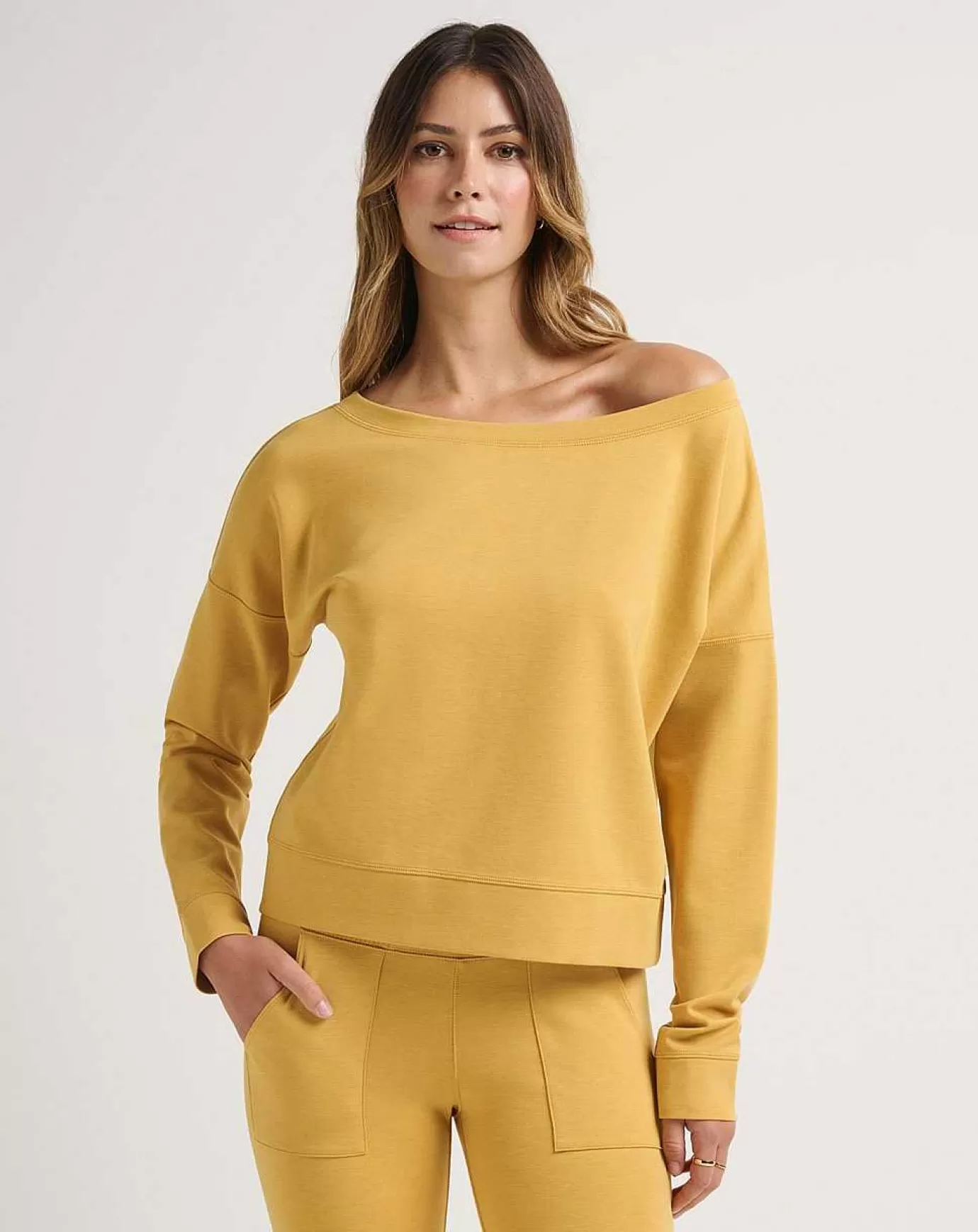 Flash Sale Travis Mathew Portugal Off The Shoulder Ponte Top Heather Bright Gold