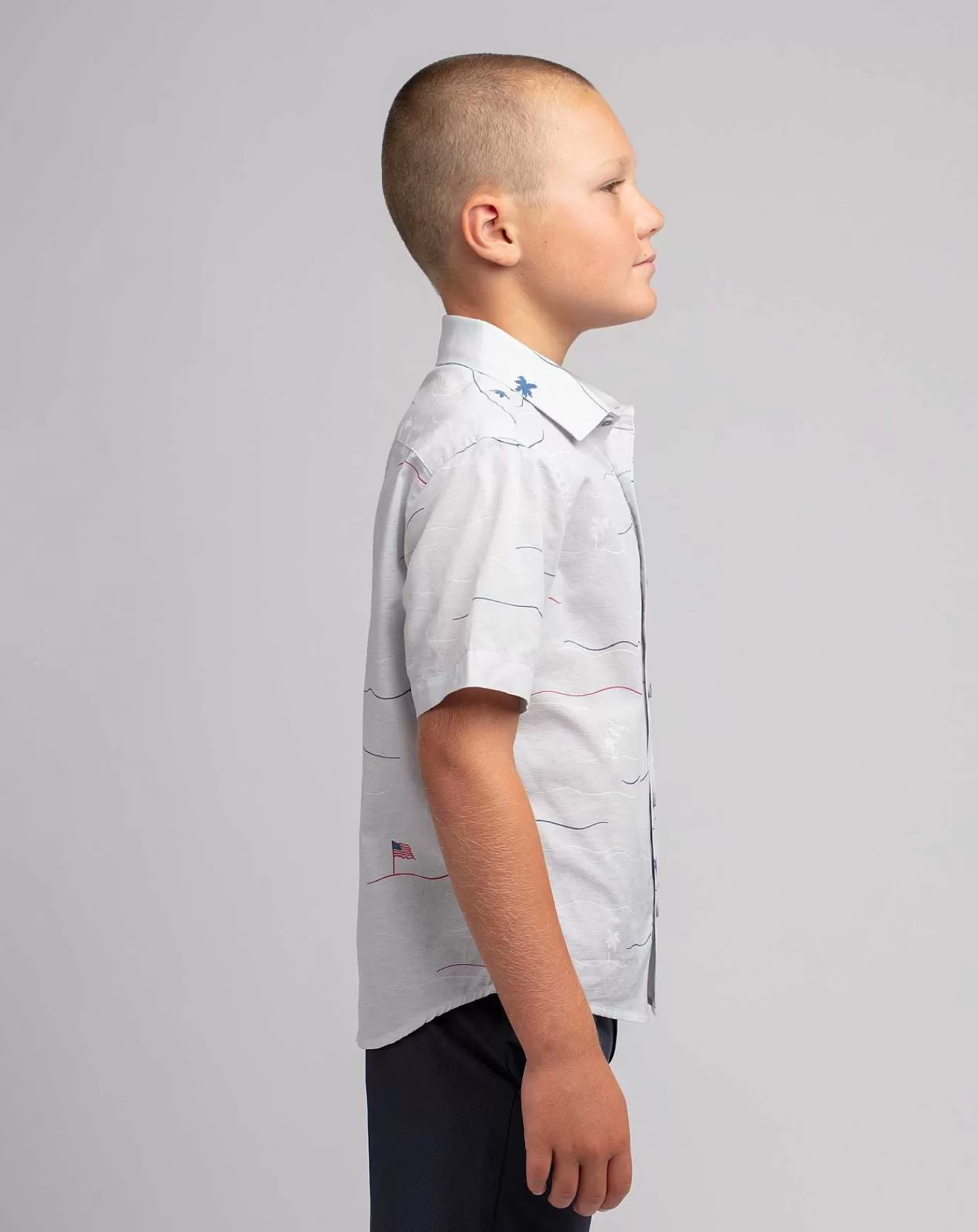 New Travis Mathew Star Spangled Banner Youth Button-Up Heather Microchip